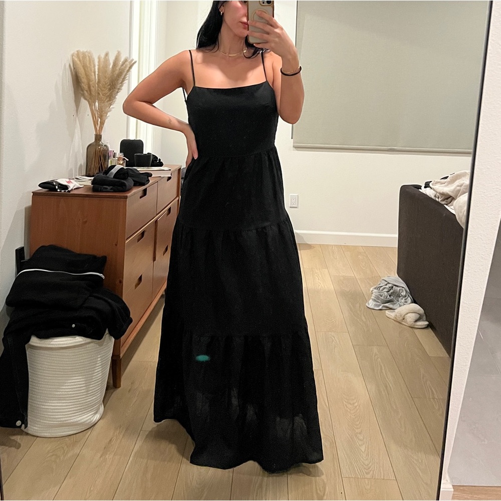 Black summer linen maxi dress with open back